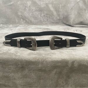 Double Buckle Black Western Belt Silver Hardware Etched Narrow Width Size S/M